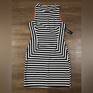 Sharagano Sheath Dress Sleeveless Black & White‎ Striped Textured Sz.10 NEW E17